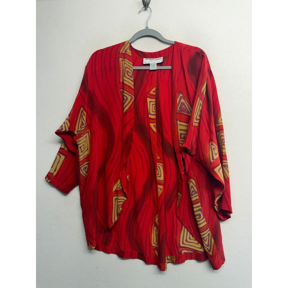 Aliki Yamani Creations Red 100% Silk Abstract Geometric Open Kimono Cardigan M